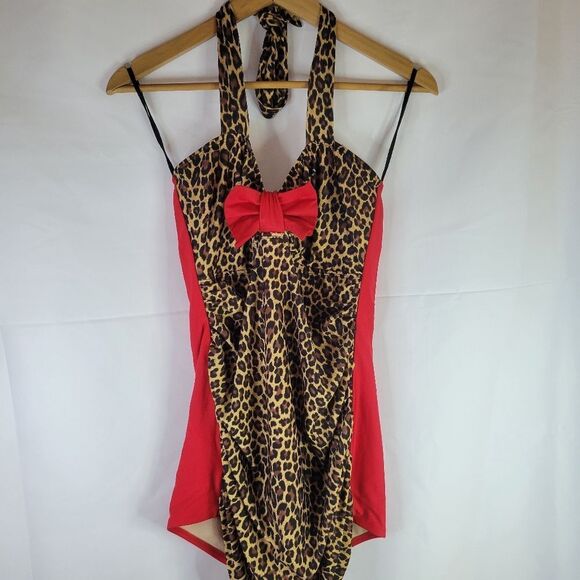 Sugar Doll Red and Leopard Retro PinUp Swimsuit - Picture 3 of 10